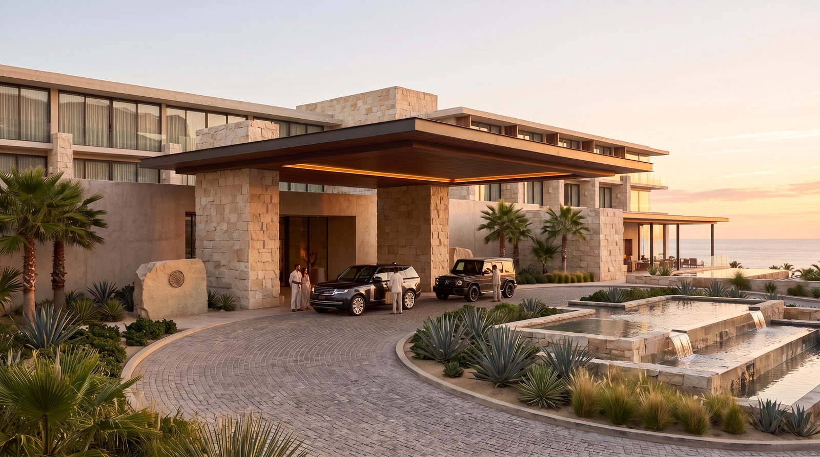 Mediterranean resort arrival at dusk with palm trees and stone architecture