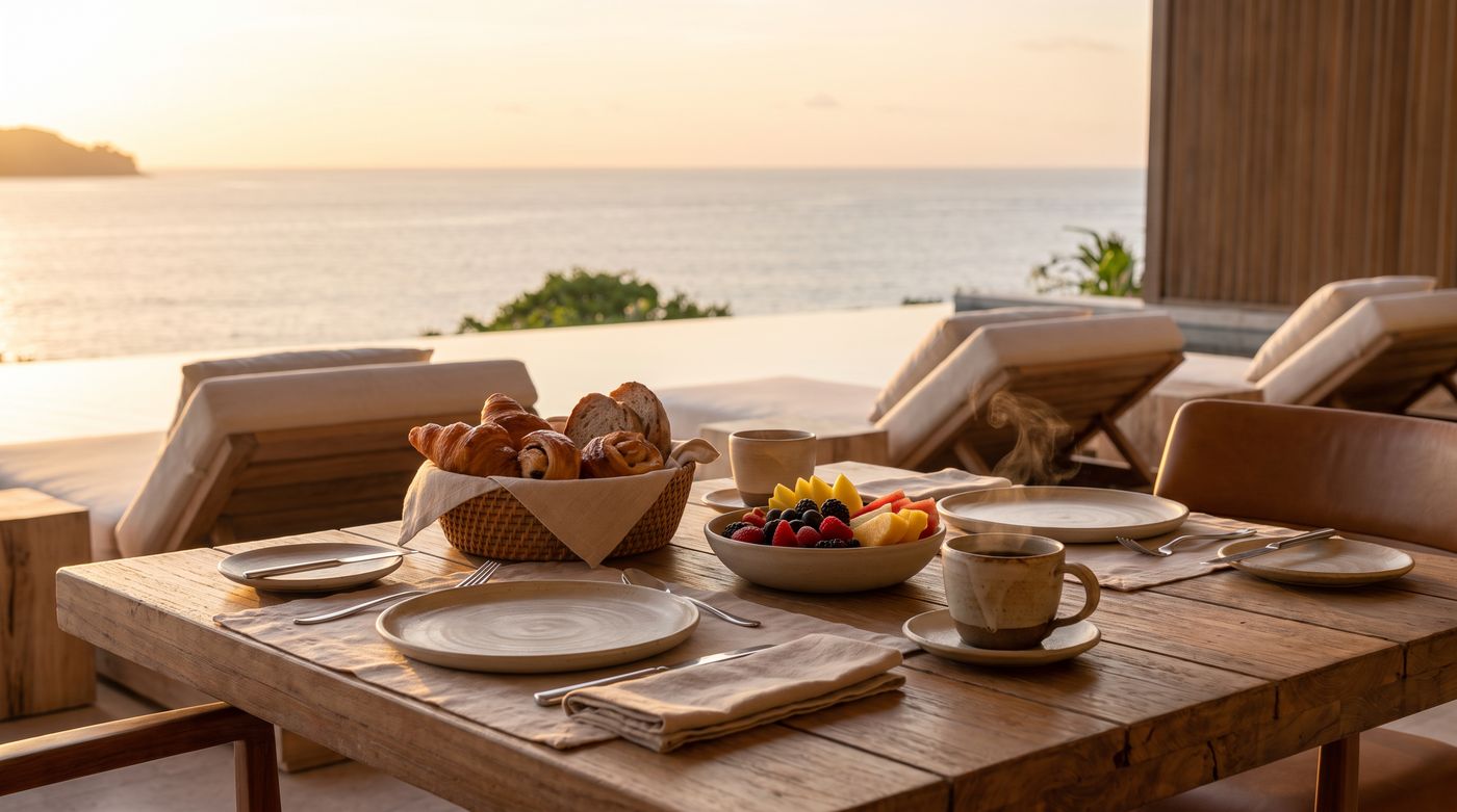 Oceanview breakfast table with pastries and fresh fruit at sunrise