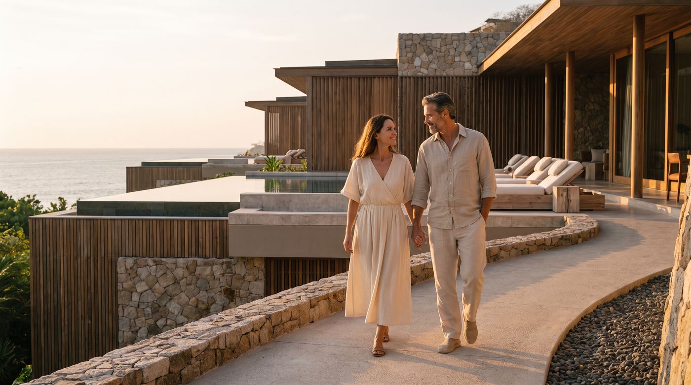 Couple walking along a luxury resort terrace at golden hour