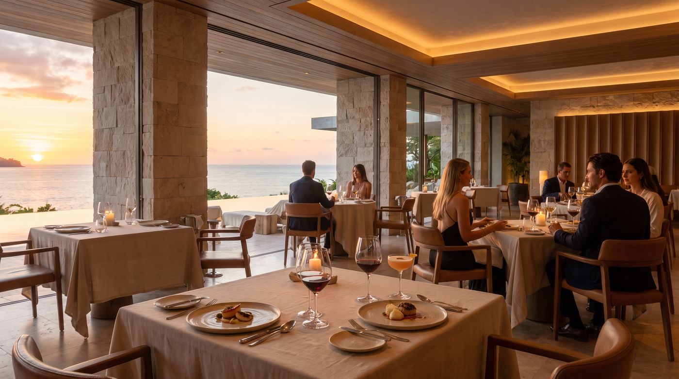 Fine dining restaurant terrace at sunset with guests and plated dishes