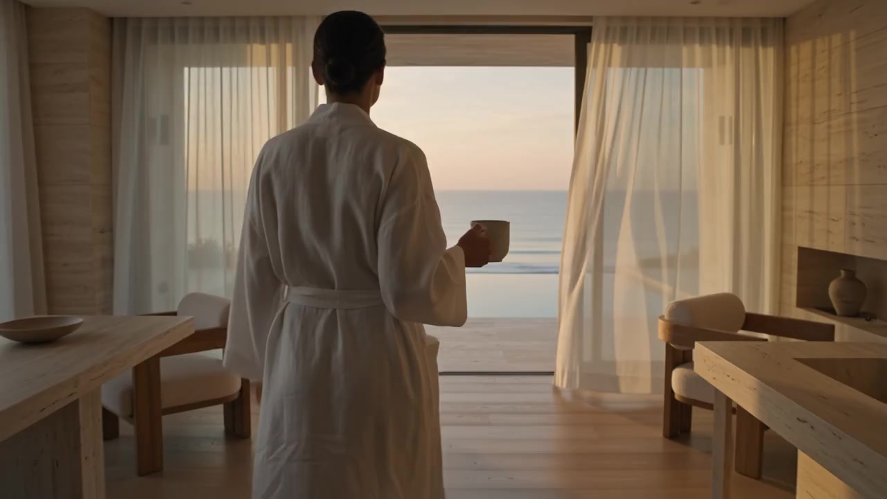 Cliffside luxury resort suite at sunrise, ocean view through open curtains