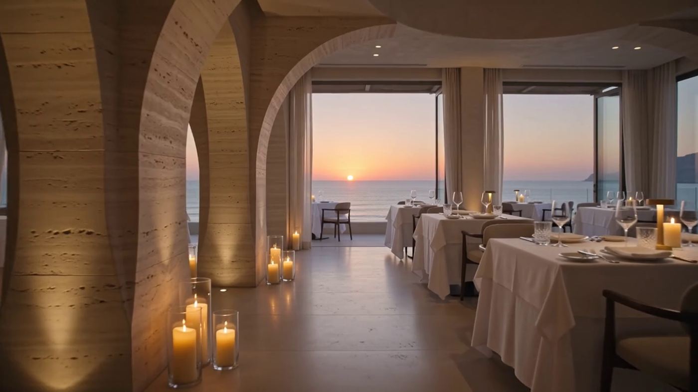 Travertine archways with candlelight on a restaurant terrace at dusk