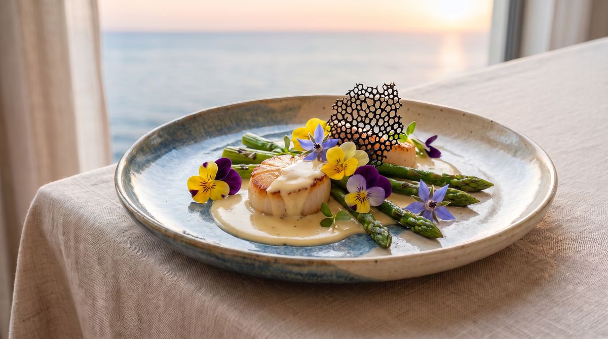 Seared scallop with asparagus, edible flowers, and a tuile garnish, oceanview table