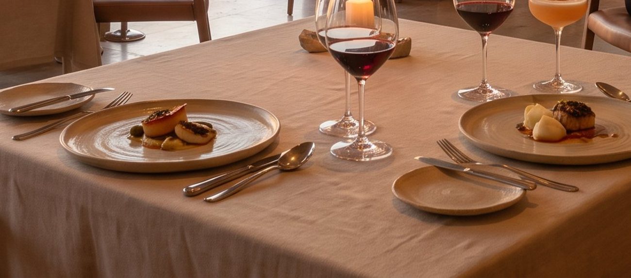 Close-up of a plated seared dish with garnish on a restaurant table at dusk