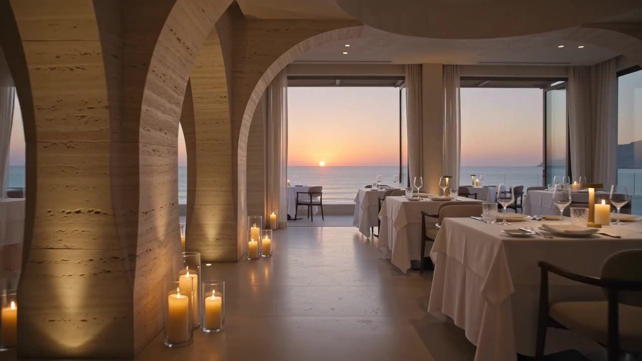 Candlelit fine dining restaurant terrace with stone arches at sunset