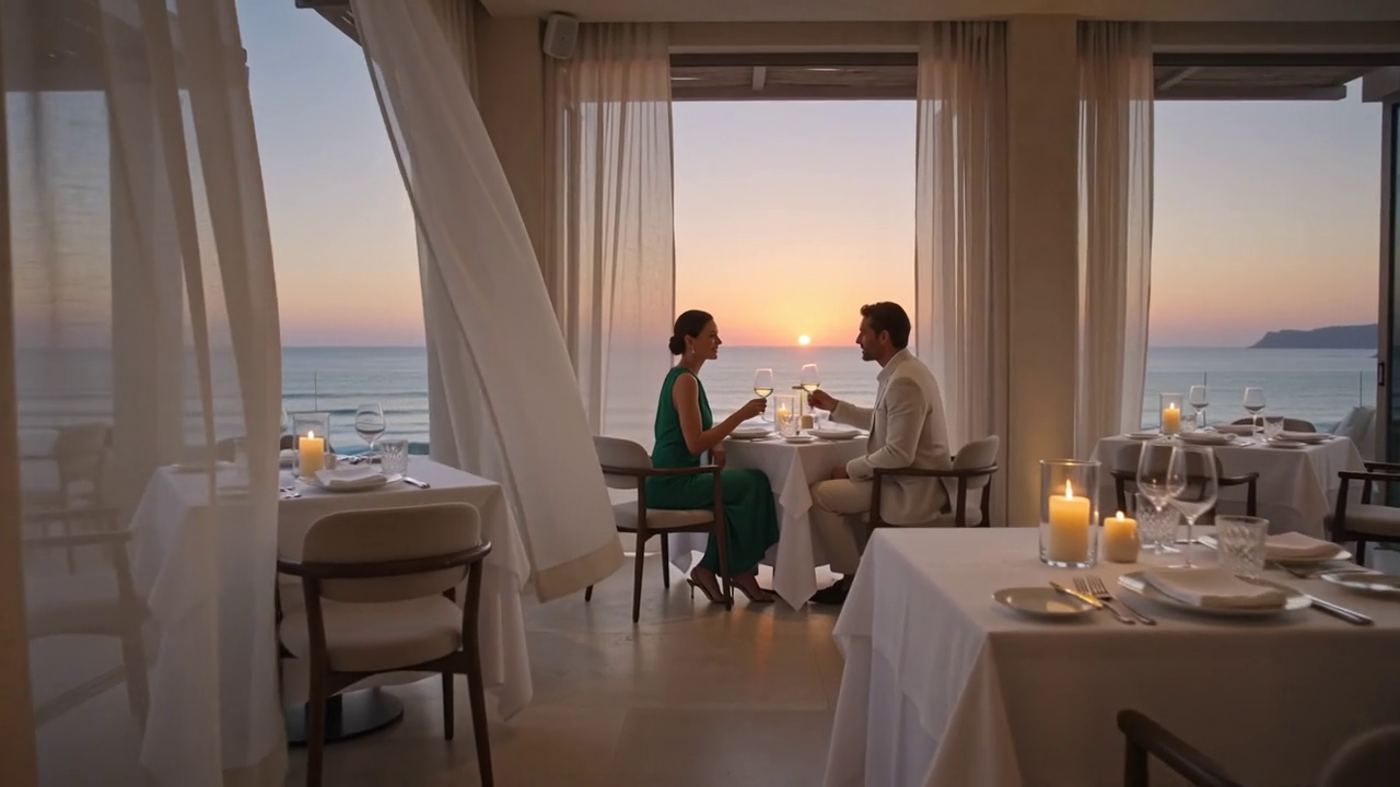 Couple toasting wine glasses at a candlelit table overlooking the sea