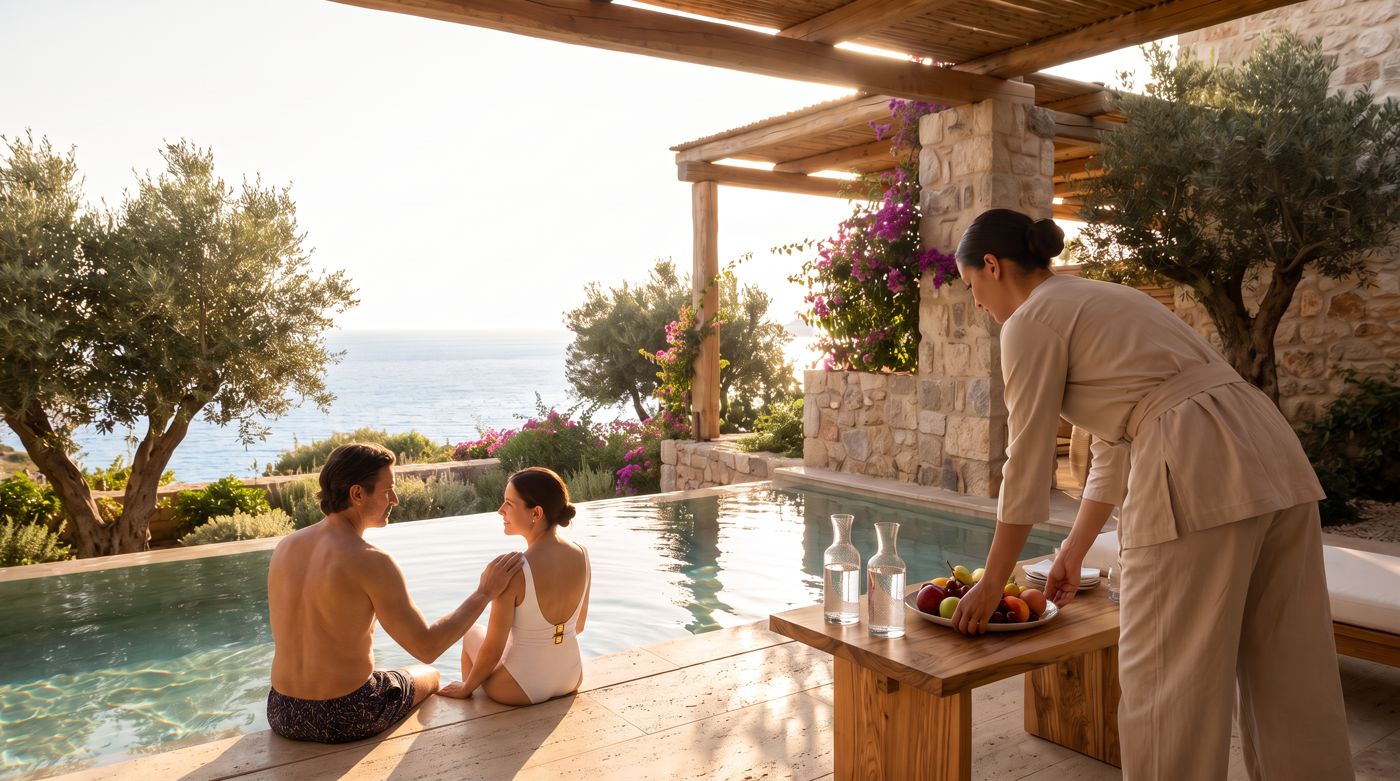 Couple by an infinity pool overlooking the Mediterranean while fruit is served poolside
