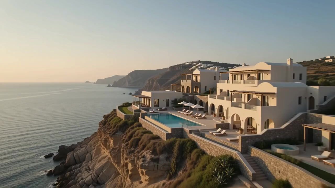 Couple by an infinity pool overlooking the Mediterranean at golden hour