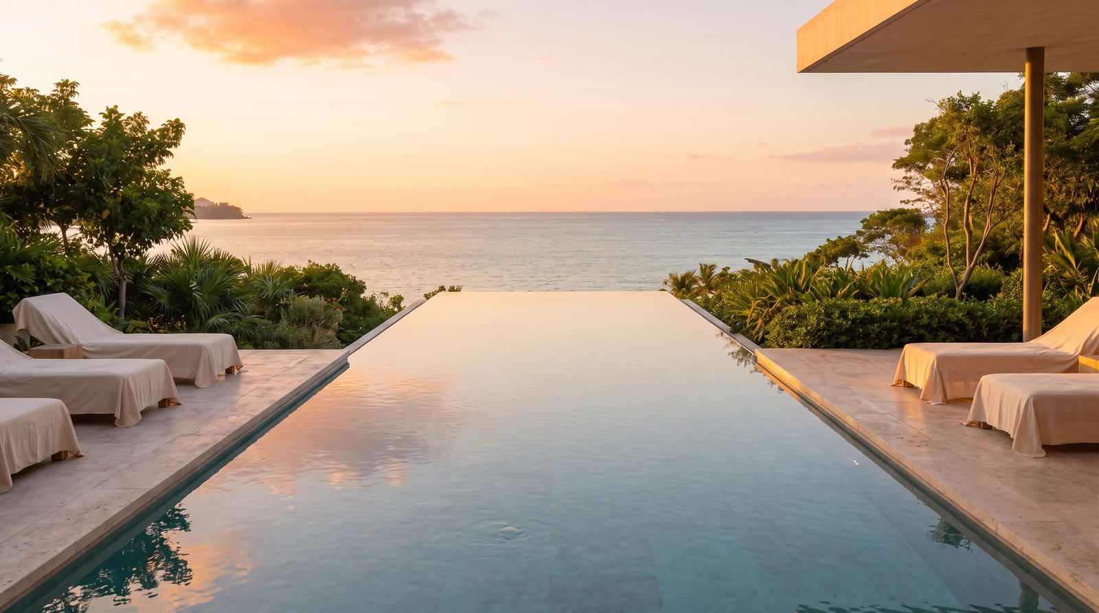 Infinity pool overlooking the ocean at sunset with tropical foliage