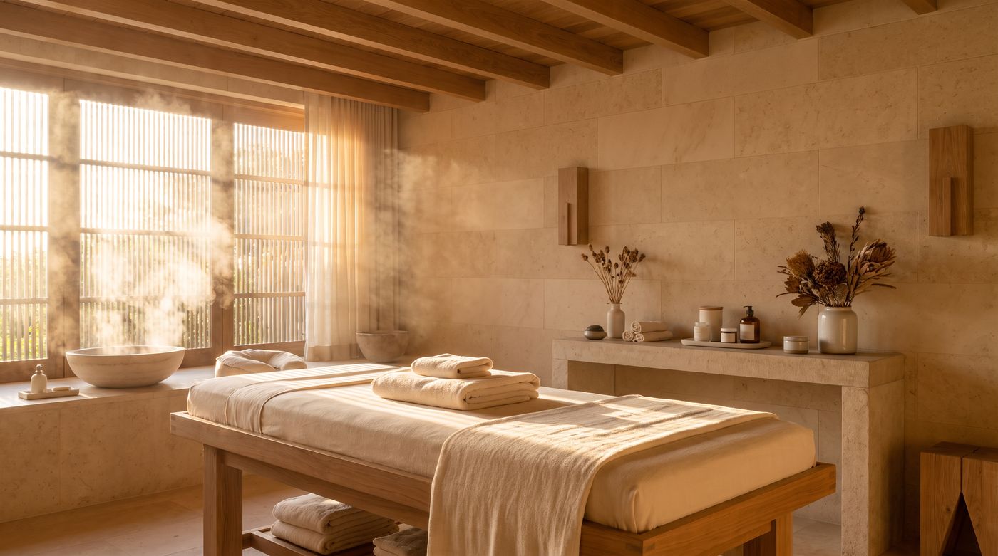Sunlit luxury spa treatment room with steam and folded towels