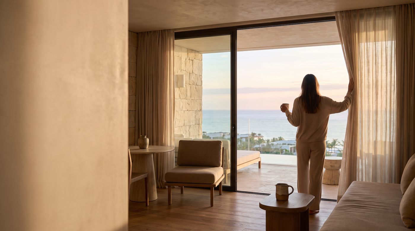 Woman looking out at the ocean from a luxury hotel suite at sunrise