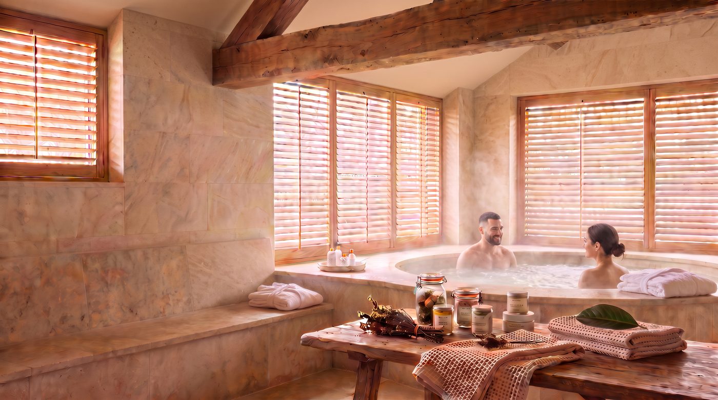 Couple in robes sitting beside a soaking tub with herbs and towels