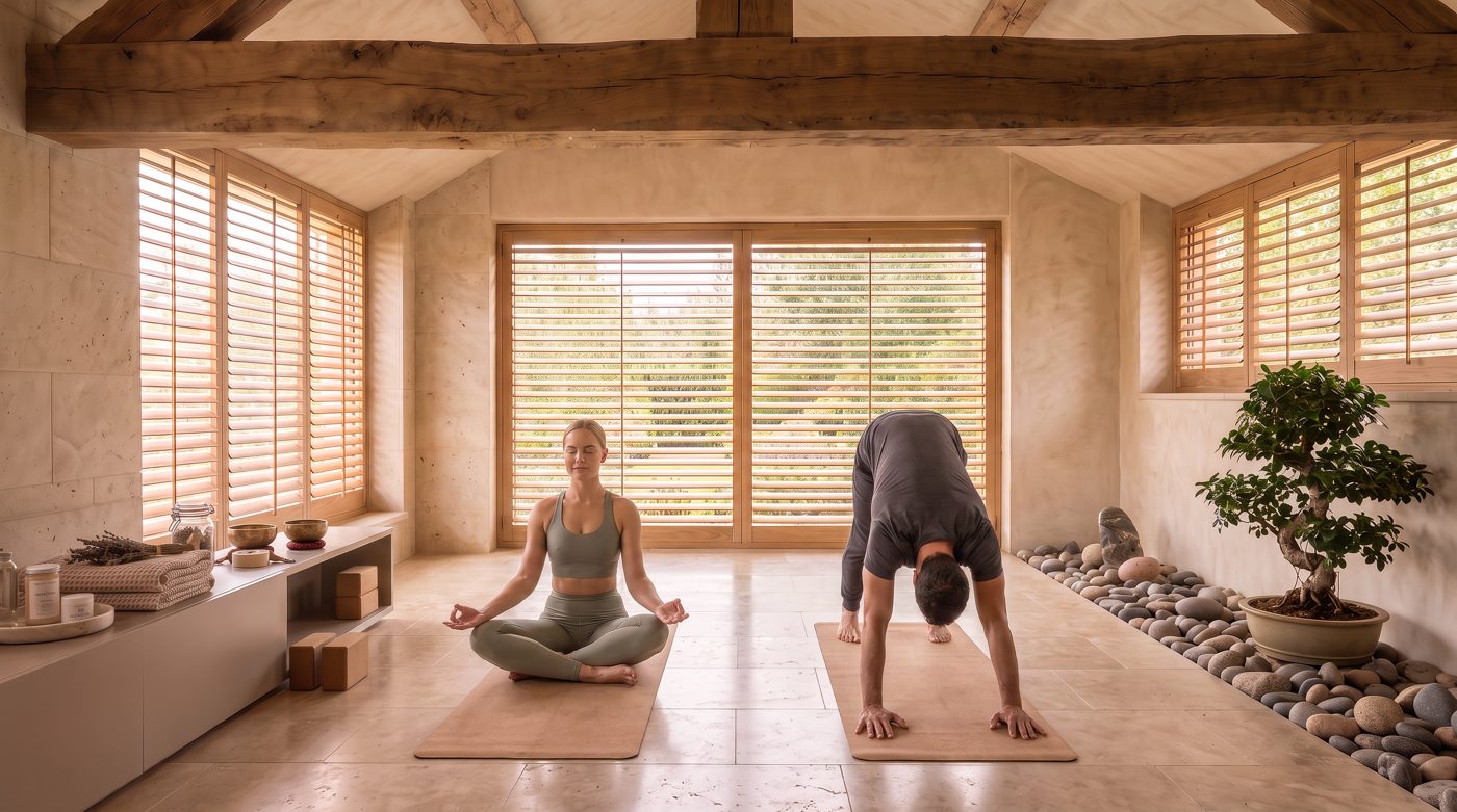 Couple practicing morning yoga in a sunlit wellness studio with natural stone and greenery